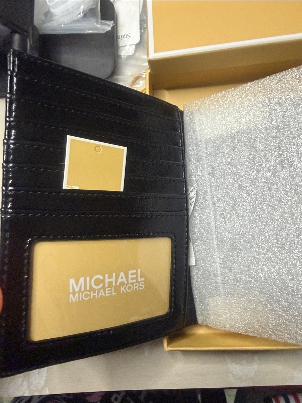 Michael Kors Black Leather Passport Holder with ID Window and luggage tag - Picture 2 of 3